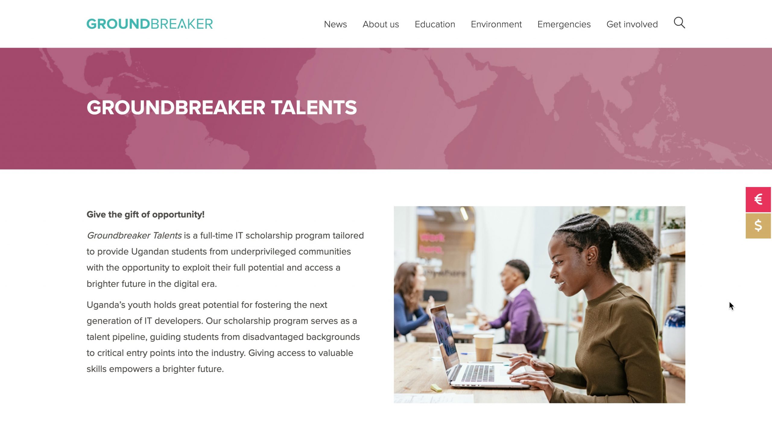 Screenshot of the site https://groundbreaker.org/talents/